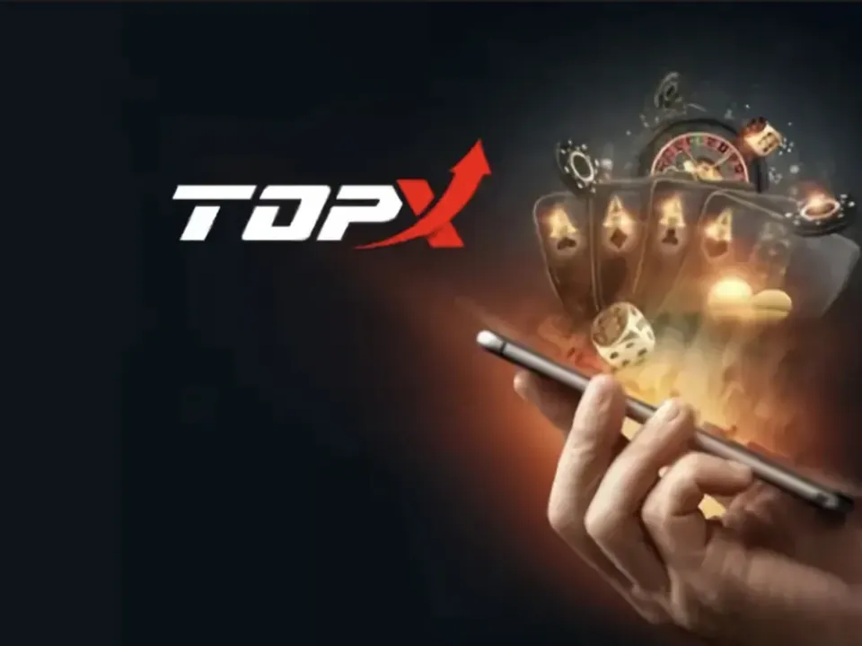 Celular com a marca TopX e cartas de baralho, ilustração do login na TopX pelo navegador