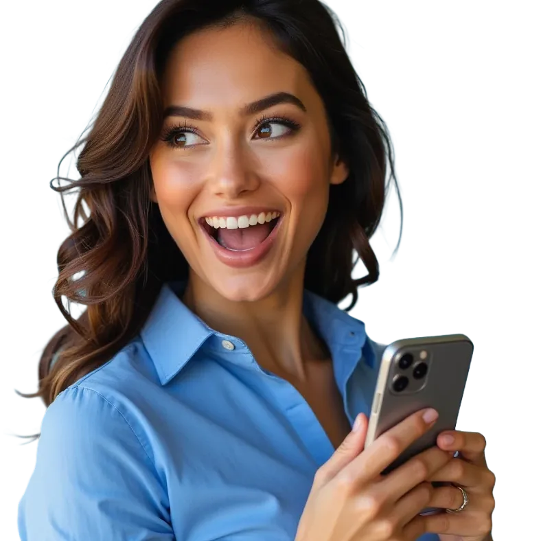 Mulher segurando o celular com atenção, ilustração da segurança da conta na TopX